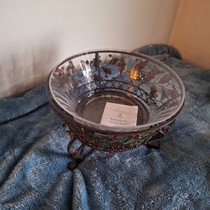 PartyLite Holly Lites 3-wick Holder With Glass Bowl